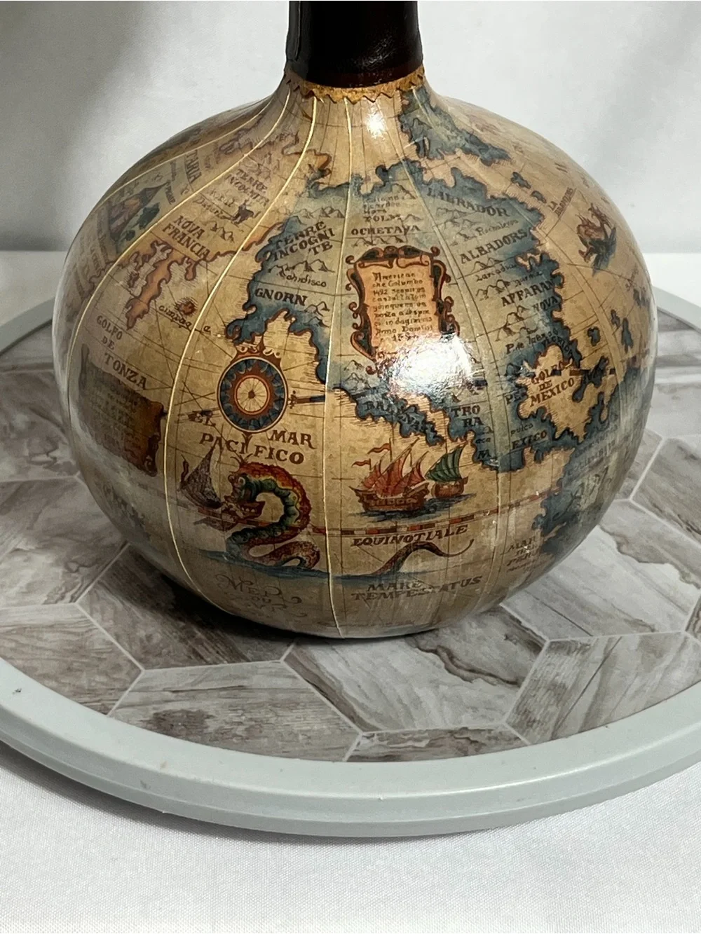 Vintage Decanter Bottle Old World Map Globe Design Wood Stopper 11”
